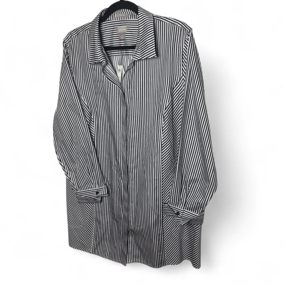 Chico’s Black White Striped Tunic Shirt XL (3) Cotton No Iron NWT - Picture 2 of 8